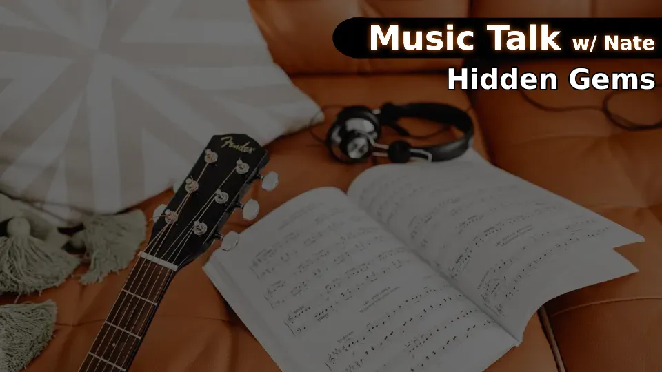 Fender guitar, headphones and sheet music on a leather sofa — Music Talk with Nate Hidden Gems