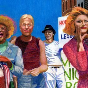 Marsha P. Johnson, Joseph Ratanski and Sylvia Rivera at the 1973 NYC Gay Pride Parade. Artwork by Gary LeGault (Dramamonster). Licensed under Creative Commons Attribution-Share Alike 4.0 International.